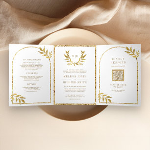 Invitation Trois Volets Couronne de laurier doré Feuilles blanches Mariage
