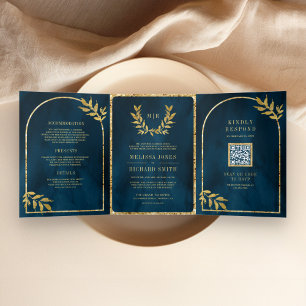 Invitation Trois Volets Couronne de laurier doré Feuilles de mariage bleu