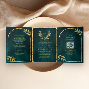 Invitation Trois Volets Couronne de laurier doré feuilles sarcelle foncé m