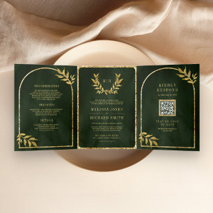 Invitation Trois Volets Couronne de laurier doré feuilles vert olive maria