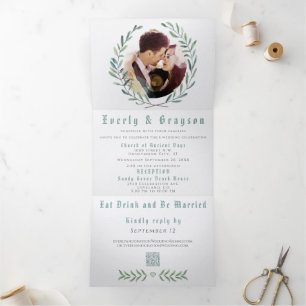 Invitation Trois Volets Couronne de mariage bohème bleue et verte