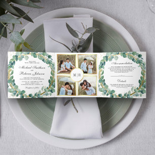 Invitation Trois Volets Couronne de mariage en eucalyptus vert et or rusti