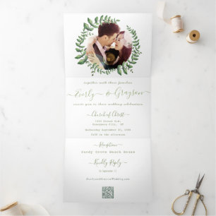 Invitation Trois Volets Couronne de mariage en eucalyptus vert photo Boho