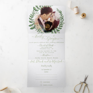 Invitation Trois Volets Couronne de mariage feuille verte olive cendrée Bo