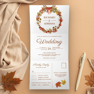 Invitation Trois Volets Couronne de mariage rustique d'automne avec feuill
