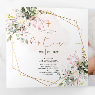 Invitation Trois Volets Couronne de Rose Blush Feuillage Aquarelle Bapteme
