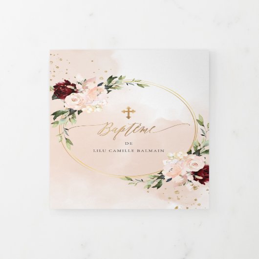 Invitation Trois Volets Couronne de Roses Aquarelle, Bapteme (Protection)