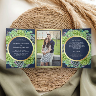 Invitation Trois Volets Couronne de succulente bleu marine Photo Mariage