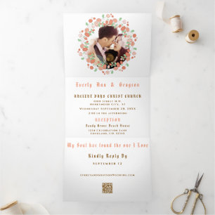 Invitation Trois Volets Couronne florale de mariage rose corail vert cendr