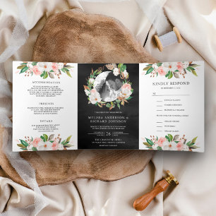Invitation Trois Volets Couronne florale rose blush Magnolia Mariage Noir