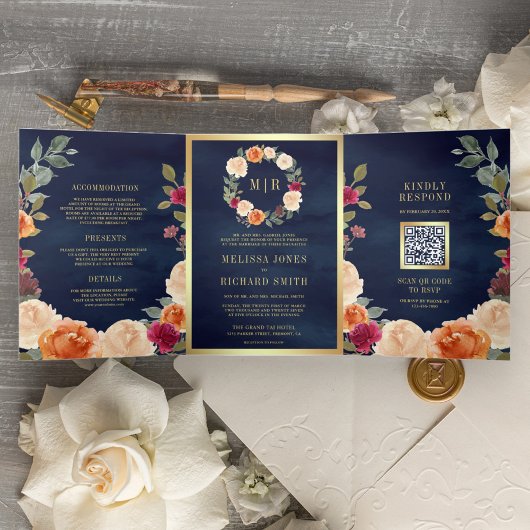 Invitation Trois Volets Couronne florale rustique terreuse QR Code mariage