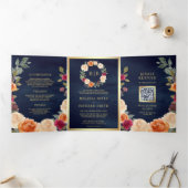 Invitation Trois Volets Couronne florale rustique terreuse QR Code mariage (Intérieur)
