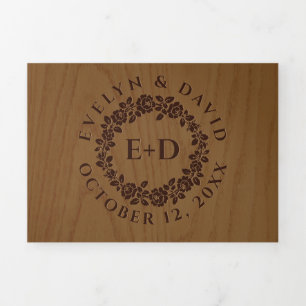 Invitation Trois Volets couronne rose gaufrée vintage, mariage en bois rus