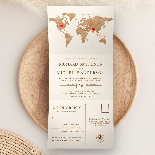 Invitation Trois Volets Cream Bronze World Map All in One Wedding