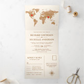 Invitation Trois Volets Cream Bronze World Map All in One Wedding (Intérieur)