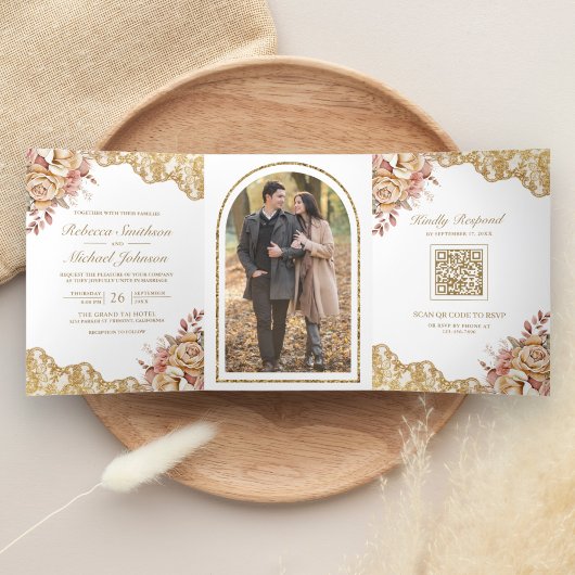 Invitation Trois Volets Cream Floral Gold Lace QR Code Mariage photo