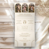 Invitation Trois Volets Cream Gold Arch Photo QR code Wedding