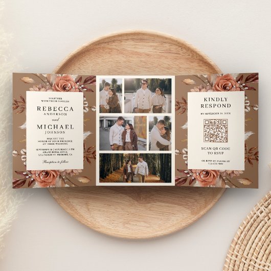 Invitation Trois Volets Cream Terracotta Floral QR Code Beige Tan Wedding