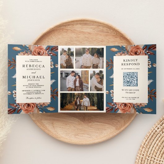 Invitation Trois Volets Cream Terracotta Floral QR Code Dusty Blue Wedding