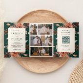 Invitation Trois Volets Cream Terracotta Floral QR Code Emerald Wedding