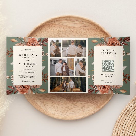 Invitation Trois Volets Cream Terracotta Floral QR Code Sage Green Wedding