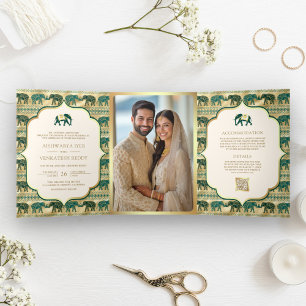 Invitation Trois Volets Crème Émeraude Vert Or Éléphant Mariage Indien