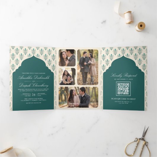 Invitation Trois Volets Crème turquoise Ikat Tous en un Mariage indien (Intérieur)