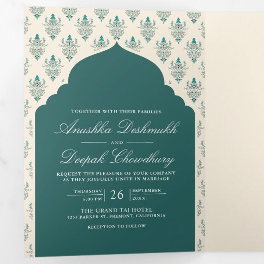Invitation Trois Volets Crème turquoise Ikat Tous en un Mariage indien (Intérieur en premier)