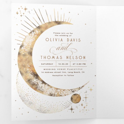 Invitation Trois Volets Crescent Moon Sun Halo Celestial Mariage Photo (Intérieur en premier)