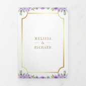 Invitation Trois Volets Croix catholique dorée à fleurs violettes Code QR (Page de couverture)