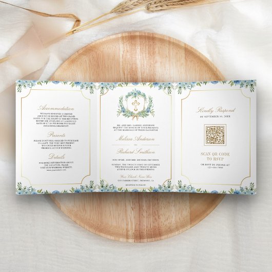 Invitation Trois Volets Croix catholique dorée florale bleue Code QR Maria