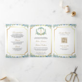 Invitation Trois Volets Croix catholique dorée florale bleue Code QR Maria (Intérieur)