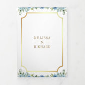 Invitation Trois Volets Croix catholique dorée florale bleue Code QR Maria (Page de couverture)