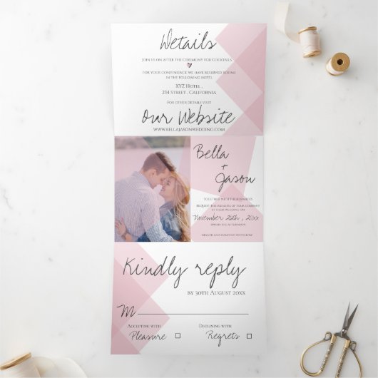 Invitation Trois Volets Cute Pastel rose blanc Script Multi Photo Mariage (Intérieur)