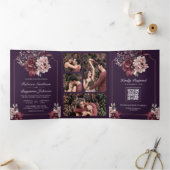 Invitation Trois Volets Dark Purple Moody Floral Frame QR Code Wedding (Intérieur)