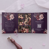 Invitation Trois Volets Dark Purple Moody Floral Frame QR Code Wedding
