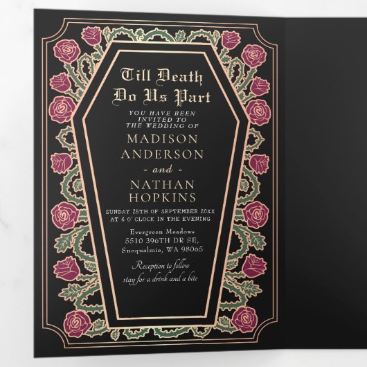Invitation Trois Volets Décès nous faire partie Rose noir gothique Mariage (Intérieur en premier)