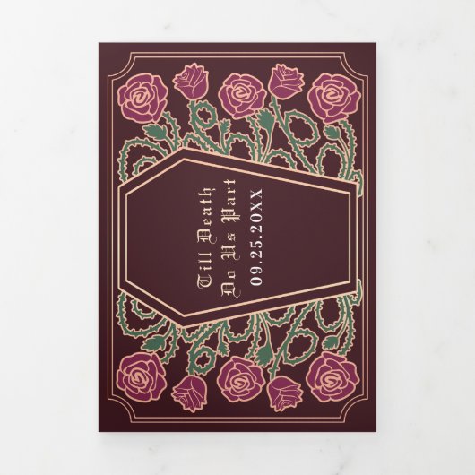 Invitation Trois Volets Décès Nous Part Rose Rouge Gothique Mariage QR Cod (Page de couverture)