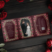 Invitation Trois Volets Décès Nous Part Rose Rouge Gothique Mariage QR Cod