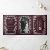 Invitation Trois Volets Décès Nous Part Rose Rouge Gothique Mariage QR Cod (Intérieur)