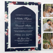 Invitation Trois Volets Dentelle florale bleu foncé tout en un Mariage ind (Intérieur en premier)