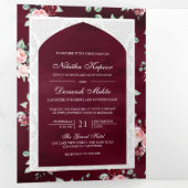 Invitation Trois Volets Dentelle florale bourguignonne en un seul Mariage (Intérieur en premier)