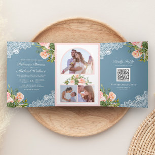 Invitation Trois Volets Dentelle florale rose pâle Dusty Blue QR Code Mari