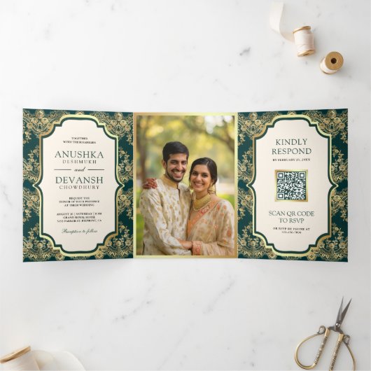 Invitation Trois Volets Dentelle Turquoise foncée QR Code Photo Mariage in (Intérieur)