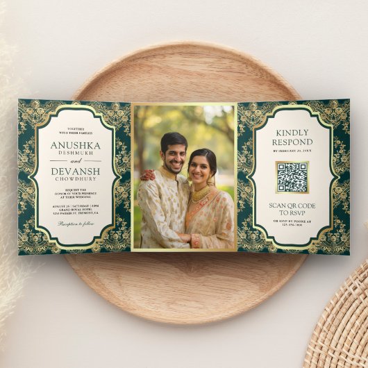 Invitation Trois Volets Dentelle Turquoise foncée QR Code Photo Mariage in