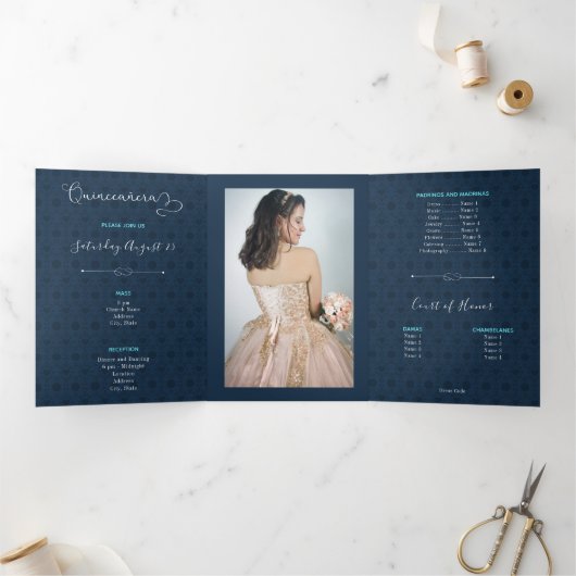 Invitation Trois Volets Deux Photo Silhouette Tropicale Quinceanera (Intérieur)