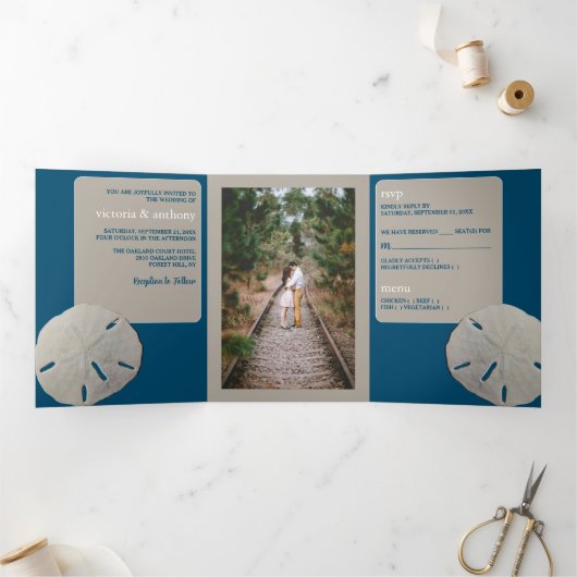 Invitation Trois Volets Dollar de sable, Mariage Ocean Blue Beach (Intérieur)
