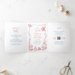 Invitation Trois Volets Doodles Whimsical Funky Photo Mariage moderne