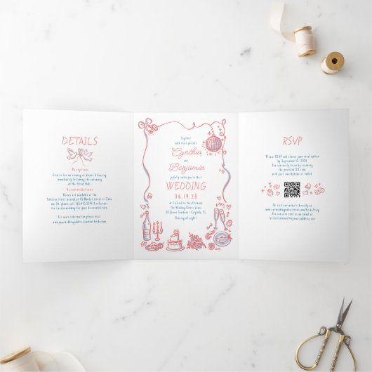 Invitation Trois Volets Doodles Whimsical Funky Photo Mariage moderne (Intérieur)