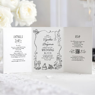Invitation Trois Volets Doodles Whimsical Funky Photo Mariage moderne